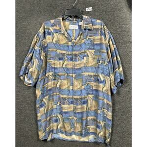 La Seine 100% Silk Button Up Shirt Mens XL Geometric Blue Multi Short Sleeves